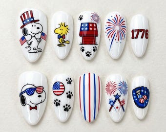 4th Of July Press On Nails Snoopy Handmade Nails Custom Fake Glue On Nails Independence Day Patriotic Woodstock 1776 Firework Doghouse