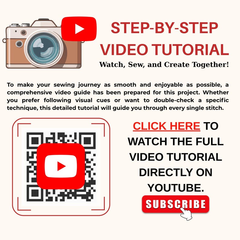 以下が含まれることがあります： 茶色のカメラアイコンと赤いYouTubeロゴ、STEP-BY-STEP VIDEO TUTORIALというテキストが記載された画像。QRコード、CLICK HERE TO WATCH THE FULL VIDEO TUTORIAL DIRECTLY ON YOUTUBEというテキスト、赤いSUBSCRIBEボタンが含まれています。