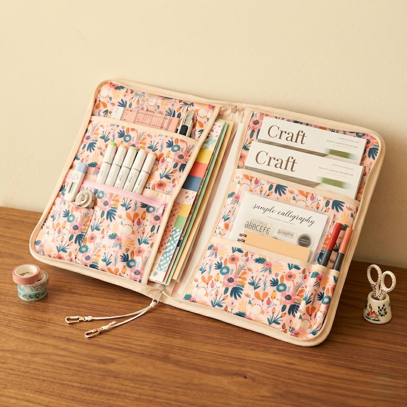 Puede incluir: Un organizador de manualidades con estampado floral con m&uacute;ltiples bolsillos y compartimentos. El organizador abierto revela bol&iacute;grafos, rotuladores, papel y otros suministros de manualidades. La tela tiene un fondo rosa con flores y hojas coloridas. El texto "Craft" es visible.