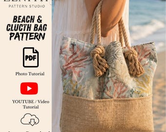 Cartamodello PDF per borsa da spiaggia, cartamodello per borsa organizer con pochette, cartamodello per borsa da viaggio in tela per piscina, cartamodello facile per borsa estiva, video tutorial