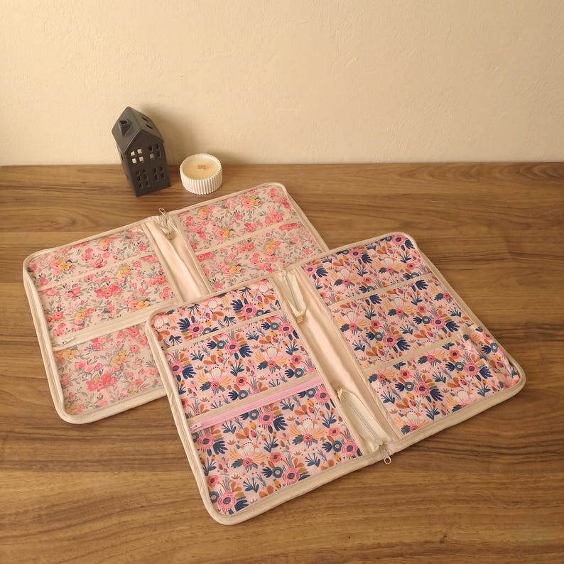 Puede incluir: Organizadores de viaje abiertos con estampado floral y m&uacute;ltiples compartimentos con cremallera. Los organizadores presentan un borde color crema y un estampado floral rosa, azul y amarillo sobre un fondo rosa claro. Un peque&ntilde;o candelabro negro en forma de casa y una vela blanca est&aacute;n en el fondo.