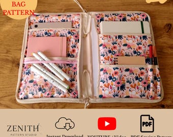 Cartamodello per organizer per libri, astuccio con cerniera e tasche, organizer per articoli da artigianato e cancelleria - Tutorial in PDF (A4, formato US letter)