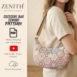 Peut inclure: Un patron de couture pour sac croissant de Zenith Pattern Studio incluant un tutoriel photo PDF pour formats A4 et US-Letter, une vidéo YouTube et un téléchargement immédiat. Le sac a une sangle beige et un motif hexagonal aux tons doux.