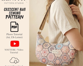 Cartamodello PDF per borsa a mezzaluna, modello per borsa a mezza luna con video, borsa hobo, borsa a tracolla (formato A4, US-Letter) + istruzioni dettagliate