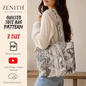 May include: A quilted tote bag pattern from Zenith Pattern Studio featuring a marbled blue, white, and brown fabric design. The digital download includes a PDF, photo tutorial, and YouTube video tutorial for two sizes of this rectangular shoulder bag.