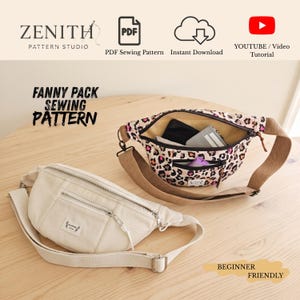 Può includere: Due marsupi su una superficie di legno. Uno è color crema con chiusura a cerniera, e l'altro ha un design a stampa leopardata. L'immagine include il testo "FANNY PACK SEWING PATTERN" e "BEGINNER FRIENDLY".