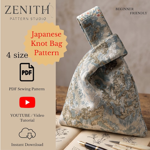 Japanese Knot Bag pattern, 4 Size Knot bag, Sewing bag pattern and Video Tutorial, Beginner Friendly, PDF Download, (A4, US letter, AO)