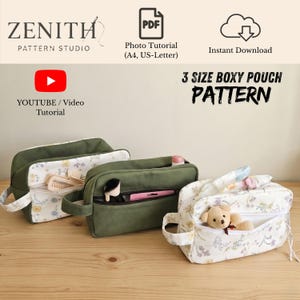 3 Size Boxy Pouch Pattern PDF, Zipper Pouch Sewing Pattern, Makeup Bag, Cosmetic Bag Organizer, Travel Toiletry Pouch Video