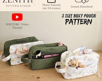 Cartamodello PDF per pochette squadrate in 3 misure, cartamodello per pochette con cerniera, trousse per il trucco, organizer per cosmetici, video tutorial per pochette da viaggio.