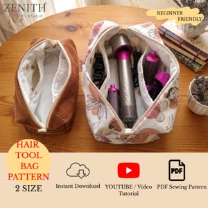 May include: Two open hair tool bags. One is brown corduroy, the other is white with a floral pattern, containing a hair dryer and accessories. The text "HAIR TOOL BAG PATTERN" and "2 SIZE" are visible. The words "BEGINNER FRIENDLY" are also visible.