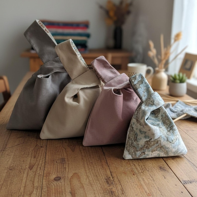Peut inclure: Quatre sacs en tissu &agrave; n&oelig;ud dispos&eacute;s en rang&eacute;e, comprenant un sac gris, un sac beige, un sac rose poudr&eacute; et un sac &agrave; motif marbr&eacute; bleu et blanc. Chaque sac poss&egrave;de une anse unique allong&eacute;e qui se replie pour fermer le compartiment principal.