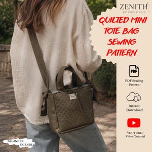 Op de afbeelding: Een olijfgroene gewatteerde mini-tote bag met een schouderband en handvatten. De tekst op de afbeelding luidt Zenith Pattern Studio, Quilted Mini Tote Bag Sewing Pattern, PDF Sewing Pattern, Instant Download, YouTube Video Tutorial, Beginner Friendly.
