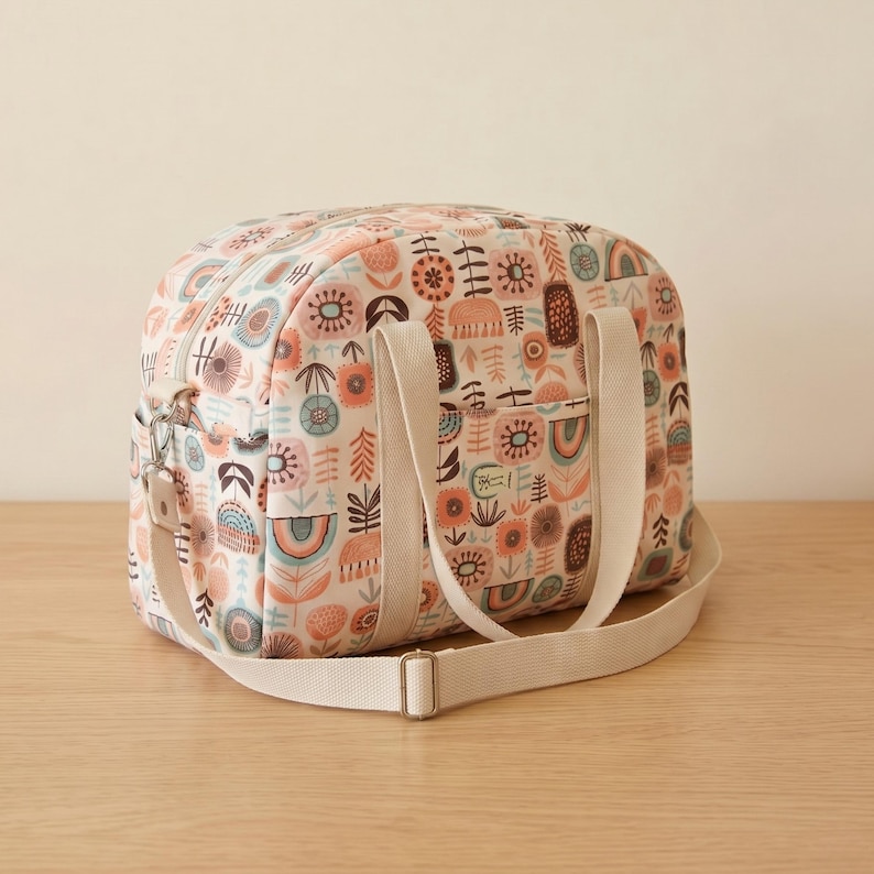 May include: A duffel bag featuring a cream-colored base with a repeating pattern of stylized flowers, leaves, and rainbows in shades of terracotta, teal, and dark brown. The bag includes two cream-colored fabric handles and an adjustable shoulder strap.