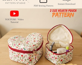 Cartamodello per pochette trapuntata a forma di cuore, cartamodello PDF per trousse per il trucco a forma di cuore, cartamodello per pochette con cerniera, trousse cosmetica con video tutorial, 2 misure