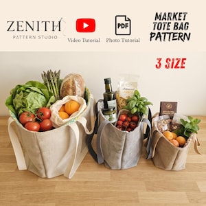 May include: Three beige fabric market tote bags in different sizes, each filled with groceries. The text reads Zenith Pattern Studio, Video Tutorial, Photo Tutorial, Market Tote Bag Pattern, and 3 Size. The bags have sturdy handles and patterned linings.