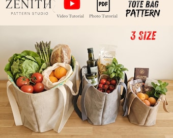 Market Tote Bag Sewing Pattern PDF, 3 Sizes Reusable Grocery Bag Pattern, Beginner Friendly Canvas Shopper Bag, Video Tutorial