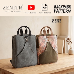 May include: Two backpacks from Zenith Pattern Studio. One is solid gray with black handles, the other features a hexagonal floral pattern in pink and blue with olive green accents and tan handles. Both include a central metal clip and top handles.
