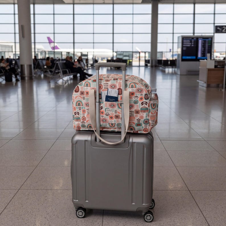May include: A silver hard-shell carry-on suitcase with a patterned fabric travel bag resting on top. The travel bag features a colorful geometric and floral print, cream-colored handles, and an exterior pocket holding a passport and boarding pass.