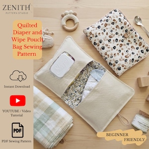 May include: A beige quilted diaper and wipe pouch bag sewing pattern with the text "Quilted Diaper and Wipe Pouch Bag Sewing Pattern". The image also shows a baby wipe container, a baby diaper, and a baby blanket.