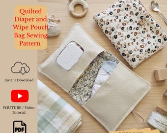 Cartamodello PDF per pochette trapuntata per pannolini e salviette, modello per pochette da neonato, adatto ai principianti, astuccio per salviette umidificate, video tutorial, regalo per neomamme