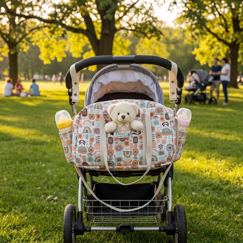 Modern stroller diaper bag with custom adjustable straps hooked onto a stroller handlebar outdoors.