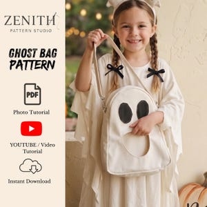May include: A white ghost-shaped crossbody bag with black oval eyes and a large circular mouth opening. The bag features a long shoulder strap and is presented alongside text reading ZENITH PATTERN STUDIO GHOST BAG PATTERN, PDF, Photo Tutorial, YOUTUBE / Video Tutorial, and Instant Download.
