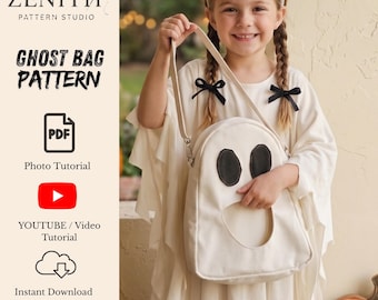 Cartamodello per borsa fantasma con finestra trasparente, secchiello per dolcetti di Halloween in formato PDF, borsa di Halloween adatta ai principianti, pochette a tracolla fai da te per bambini