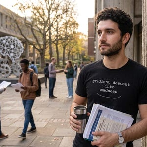 May include: A black short-sleeved t-shirt featuring the white text "gradient descent into madness" with a curved line underneath. The shirt is worn by a person holding a metallic travel mug and a stack of papers while standing outdoors.