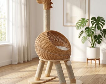 Árbol rascador de mimbre con forma de dinosaurio para gatos - Poste rascador de ratán estilo bohemio con acogedor nido