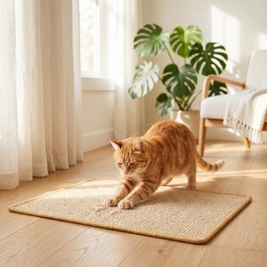 May include: An orange tabby cat stretches on a rectangular beige cat scratching mat with a light brown border. The mat is on a light wood floor. A monstera plant and a white chair are in the background.