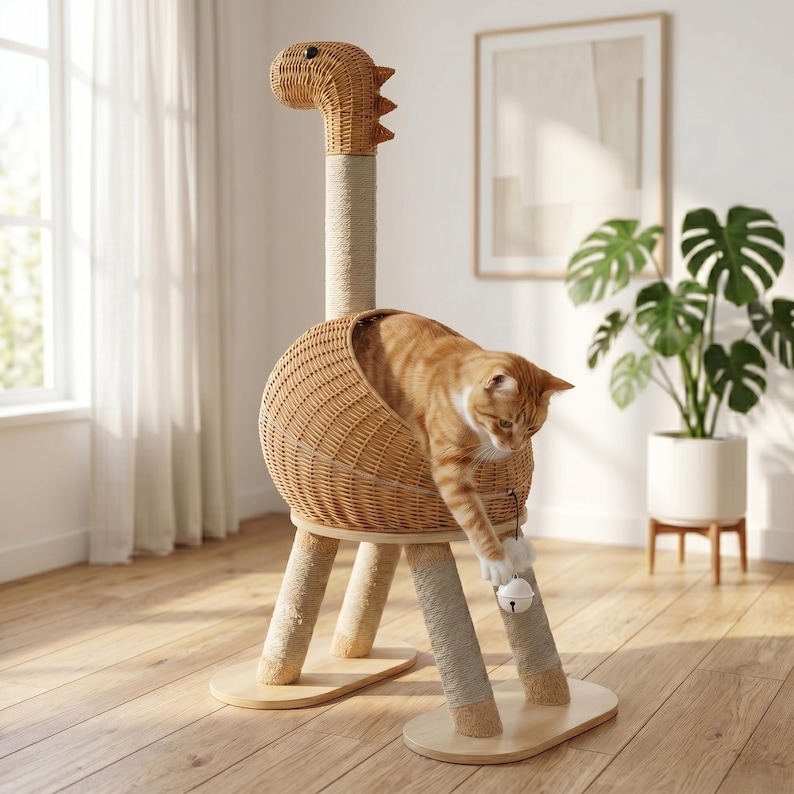 Wood Scratcher Mat, Eco-Friendly Cat Furniture Decor, Durable Wicker Dinosaur Floor Pad