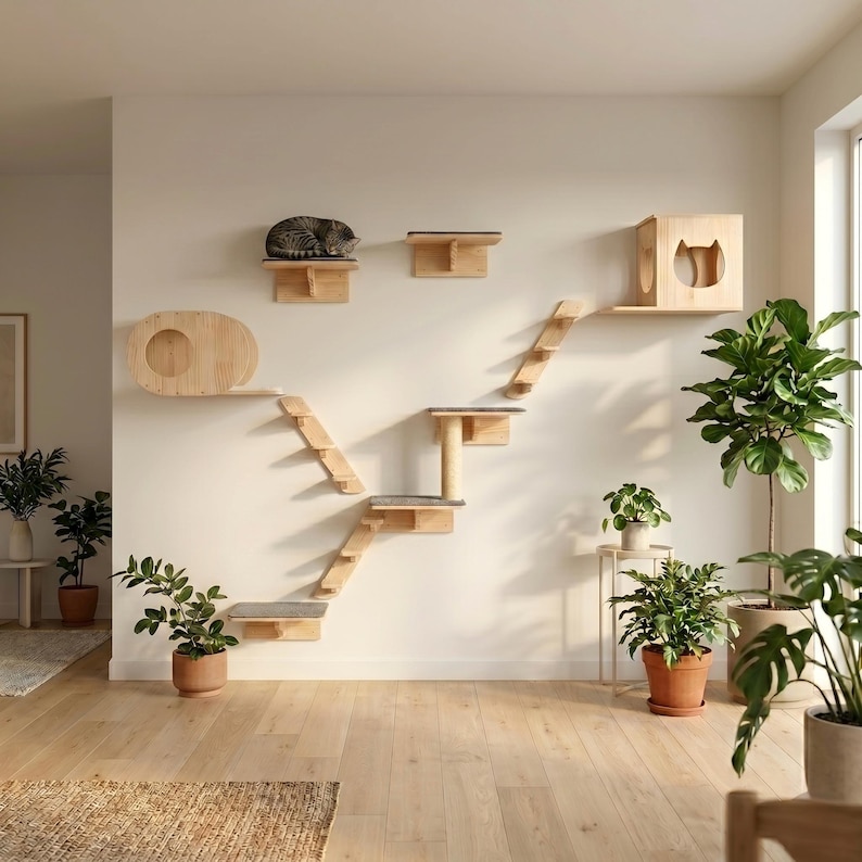 Wall Mounted Cat Shelves – Natural Wood Climbing Perches, Modern Furniture, Hammock Scratcher