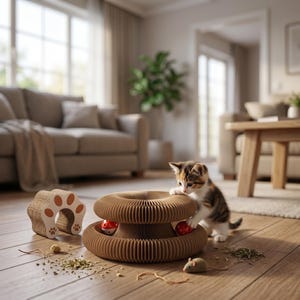May include: A playful kitten interacts with a corrugated cardboard cat toy with two red balls inside. A second cat scratcher shaped like a paw is also present. The scene is set in a well-lit living room with a neutral color palette.