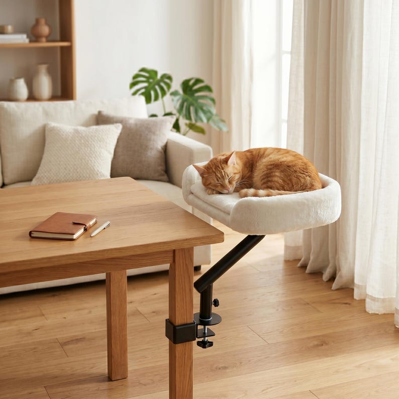 Elevated Cat Desk Bed – Swivel Perch with Cozy Cushion, Scandinavian Design