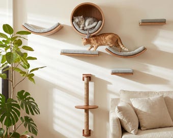 Modern Wall-Mounted Cat Shelf – Solid Wood Climbing Furniture for Home