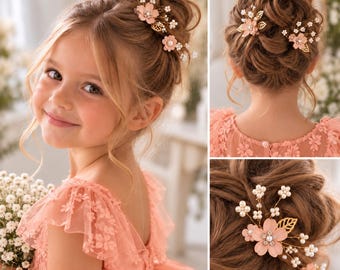 Bruidshaarspelden set van 2 met bloemen – Bruidshaaraccessoires met parels en bloemen – Gouden haarspelden voor de bruid, het bloemenmeisje of de communie