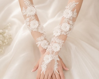 Brudhandskar med 3D-blommor | Fingerlösa brudmanschetter av tyll och spets | Blommiga bröllopshandskar i elfenben | Elegant brudaccessoar