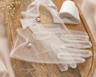 Guantes de novia de tul con perlas – Elegantes guantes de novia para bodas, guantes de revista – Accesorios de novia – Regalo de novia