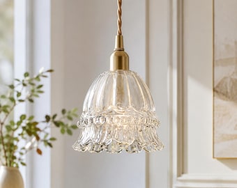 Vintage blommig klocka i glas, pendellampa med justerbar sladd
