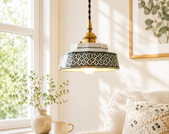 Hand Painted Ceramic Pendant Light, Vintage Floral Copper Hanging Lamp