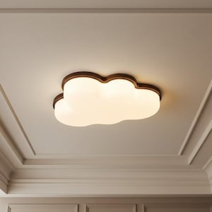 May include: A cloud-shaped ceiling light fixture with a warm, diffused glow. The fixture has a brown wooden frame and a white, opaque center. The light is mounted on a white ceiling with decorative molding.