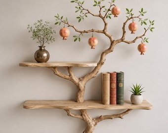 Handcrafted tree branch wall shelf, natural driftwood bookshelf for rustic home decor