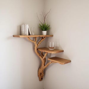 Op de afbeelding: Een uniek houten hoekrek met drie niveaus, ondersteund door een natuurlijk takontwerp. De planken bevatten boeken, een kleine potplant en een glas. Het hout heeft een lichtbruine kleur.