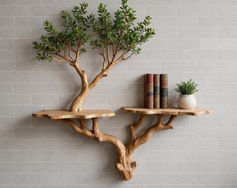 Floating Tree Branch Bookshelf Live Edge Wood Shelf Handmade Wall Mounted Bookcase Rustic Woodland Home Decor Solid Wood Furniture