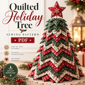 Puede incluir: Un patrón de costura PDF para árbol navideño acolchado con capas de tela en patrones rojos, verdes y blancos, coronado con una estrella roja. El texto incluye Quilted Holiday Tree, Sewing Pattern, PDF, Step-by-Step Tutorial e Instant Download.