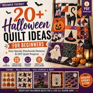 May include: A digital PDF download guide titled 20+ Halloween Quilt Ideas for Beginners featuring patchwork patterns with pumpkins, black cats, ghosts, and spiderwebs. The guide includes step-by-step instructions for throws, wall hangings, and table runners.