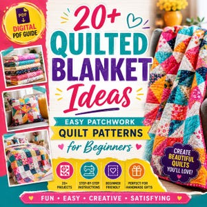 May include: A digital PDF guide titled 20+ Quilted Blanket Ideas featuring easy patchwork quilt patterns for beginners. The cover displays a colorful patchwork quilt, a decorative pillow, and a stack of folded quilts with various floral patterns.