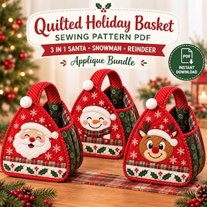 Könnte beinhalten: Drei gesteppte Weihnachtskörbe mit Weihnachtsmann, Schneemann und Rentier. Der Text lautet Quilted Holiday Basket SEWING PATTERN PDF 3 IN 1 SANTA SNOWMAN REINDEER Applique Bundle. Jeder Korb hat eine rote Stoffbasis mit weißen Schneeflockenmustern.