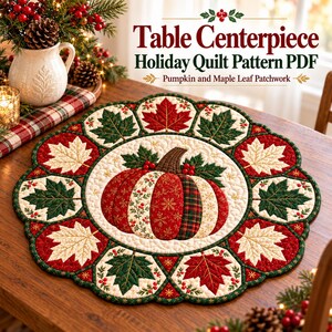 Table Centerpiece Holiday Quilt Pattern PDF, Pumpkin and Maple Leaf Patchwork