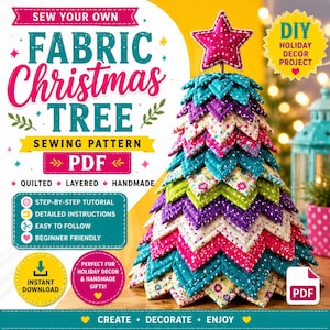 May include: A digital sewing pattern for a quilted, layered fabric Christmas tree. The text reads SEW YOUR OWN FABRIC CHRISTMAS TREE SEWING PATTERN PDF. The tree is constructed from triangular fabric pieces in teal, purple, pink, and floral patterns, topped with a pink star. Includes icons for tutorial, instructions, and instant download.